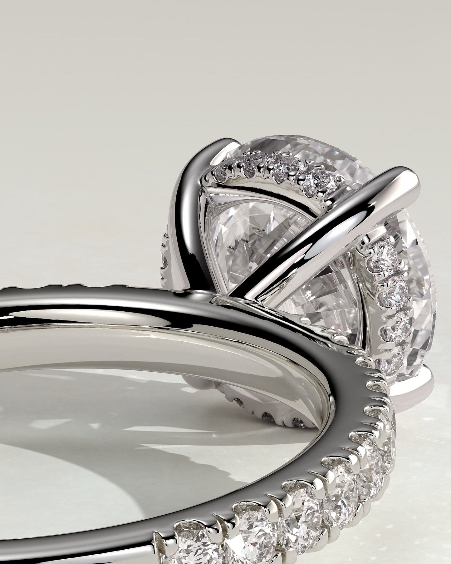 Charlie - Round Claw Solitaire with Hidden Halo and Pave Band Engagement Ring - White Gold