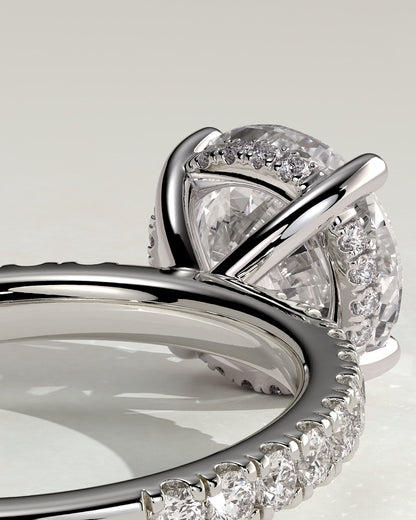 Charlie - Round Claw Solitaire with Hidden Halo and Pave Band Engagement Ring - White Gold