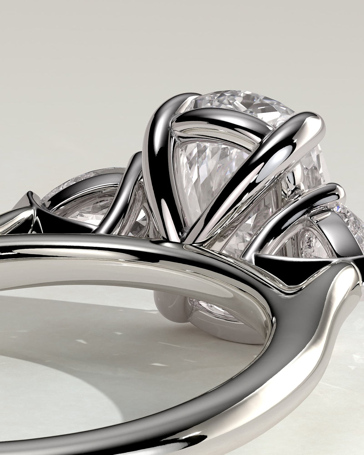 Cataleya - Elongated Cushion Claw Trilogy with Pear Side Stones and Cathedral Setting Engagement Ring - White Gold