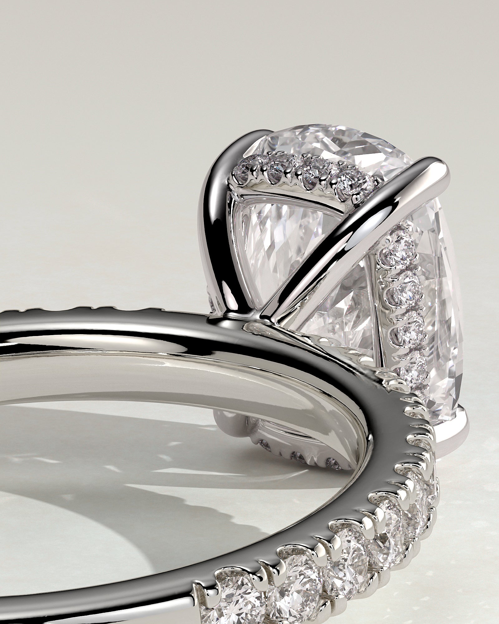 Camilla - Elongated Cushion Claw Solitaire with Hidden Halo and Pave Band Engagement Ring - Platinum - White Gold / Platinum 2ct
