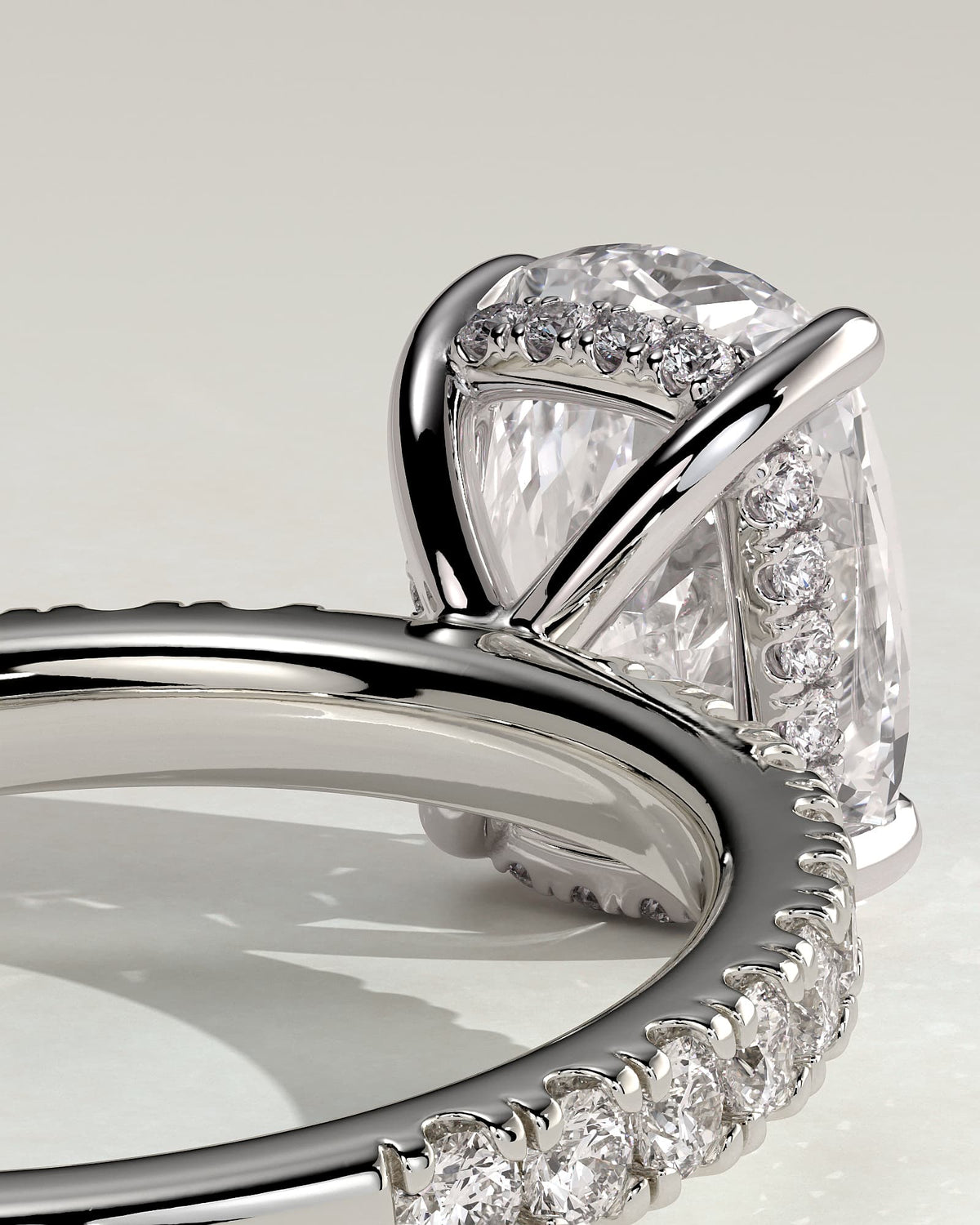 Camilla - Elongated Cushion Claw Solitaire with Hidden Halo and Pave Band Engagement Ring - White Gold