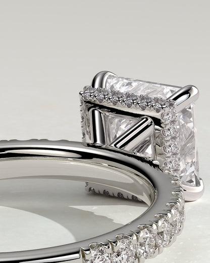 Brooklyn - Princess Claw Solitaire with Wrap Around Hidden Halo and Pave Band Engagement Ring - Platinum