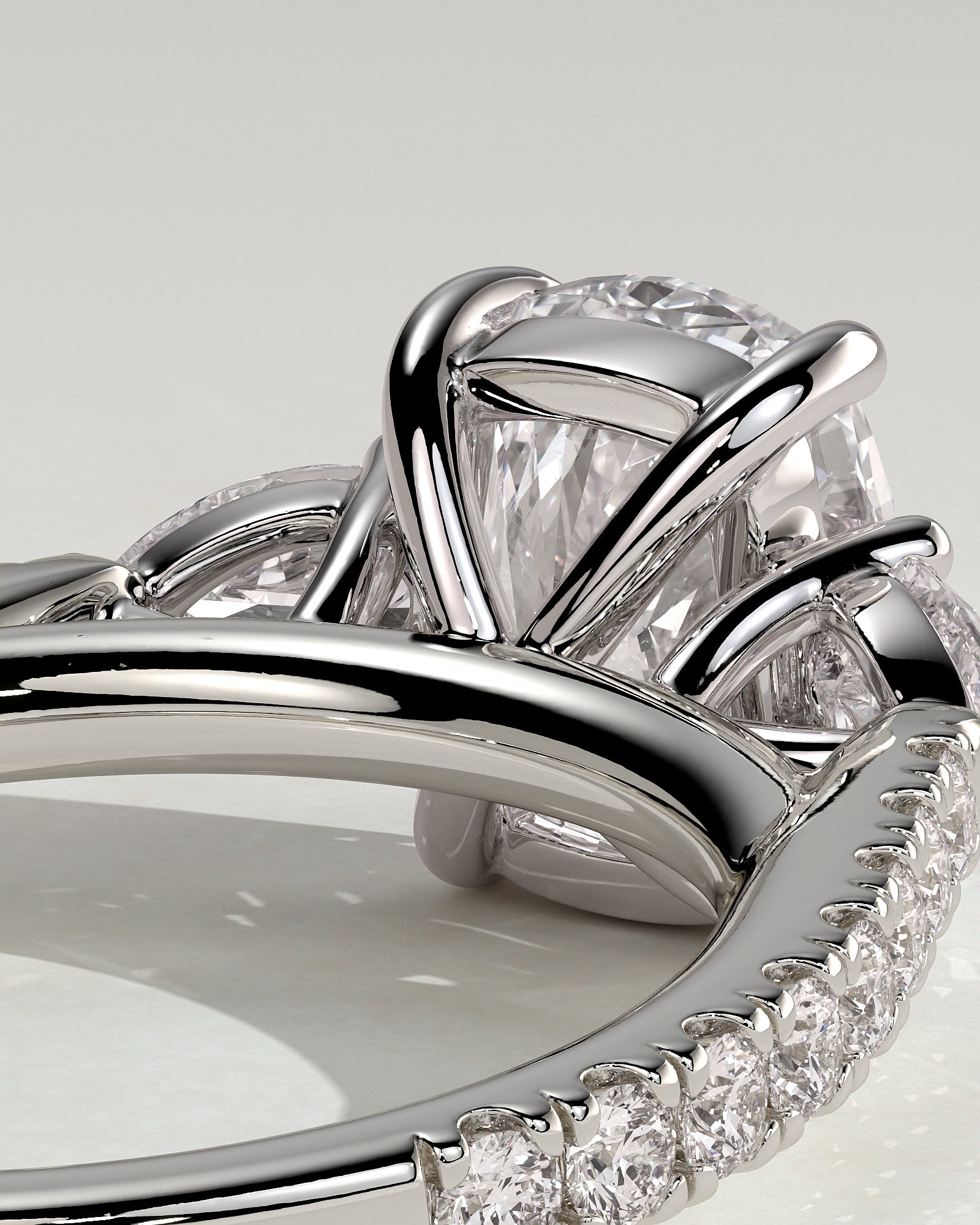 Bree - Elongated Cushion Claw Trilogy with Pear Side Stones and Pave Band Engagement Ring - Platinum - White Gold / Platinum 2ct