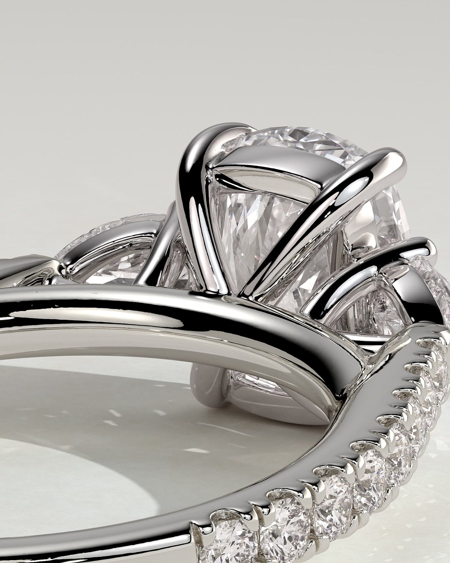 Bree - Elongated Cushion Claw Trilogy with Pear Side Stones and Pave Band Engagement Ring - White Gold