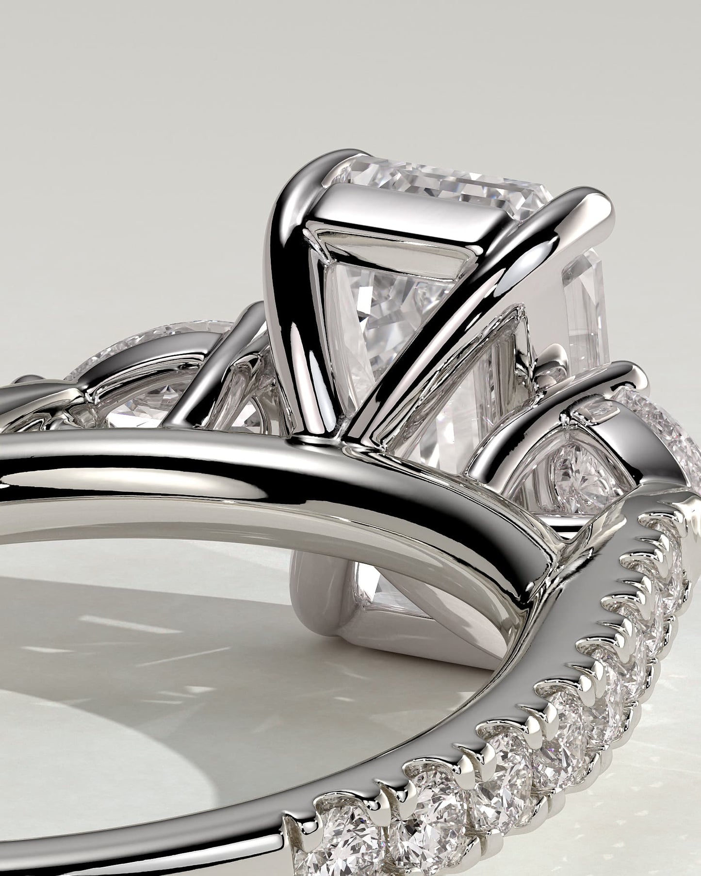 Autumn - Emerald Claw Trilogy with Pear Side Stones and Pave Band Engagement Ring - White Gold