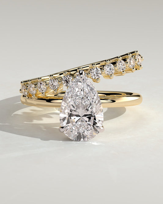 Xanthe - Pear Claw Solitaire with Double Plain-and-Round-Accent Stones Band Engagement Ring - Yellow Two-Tone