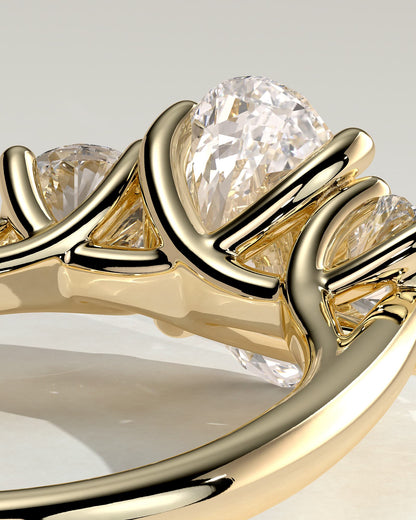 Grace - Oval Claw Trilogy with Round Side Stones, Open Trellis Gallery and Tapered Band Engagement Ring - Yellow Gold