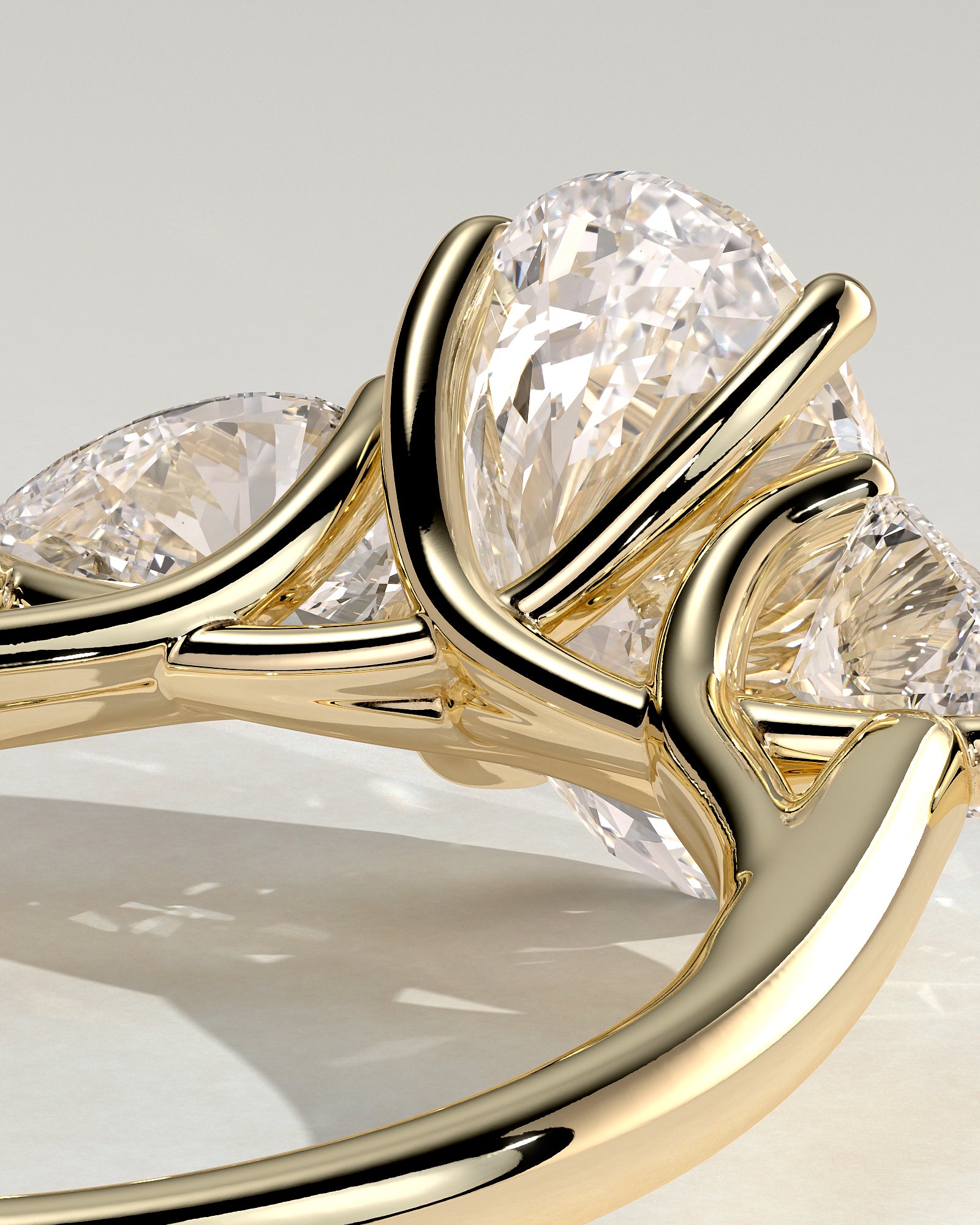 Amara - Oval Claw Trilogy with Pear Side Stones and Open Trellis Gallery Engagement Ring - Yellow Gold - Yellow Gold 2ct