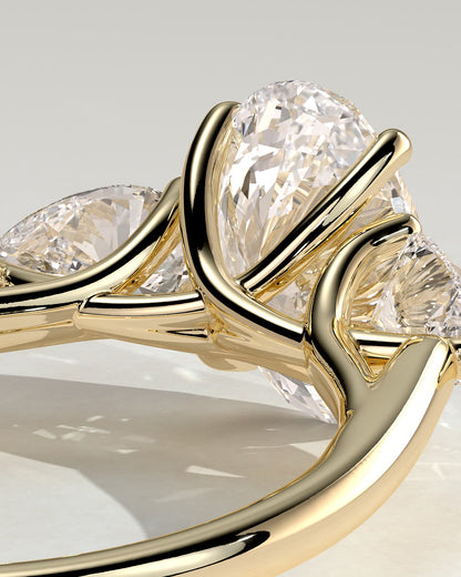 Amara - Oval Claw Trilogy with Pear Side Stones and Open Trellis Gallery Engagement Ring - Yellow Gold - yellow gold - Lara Jewels