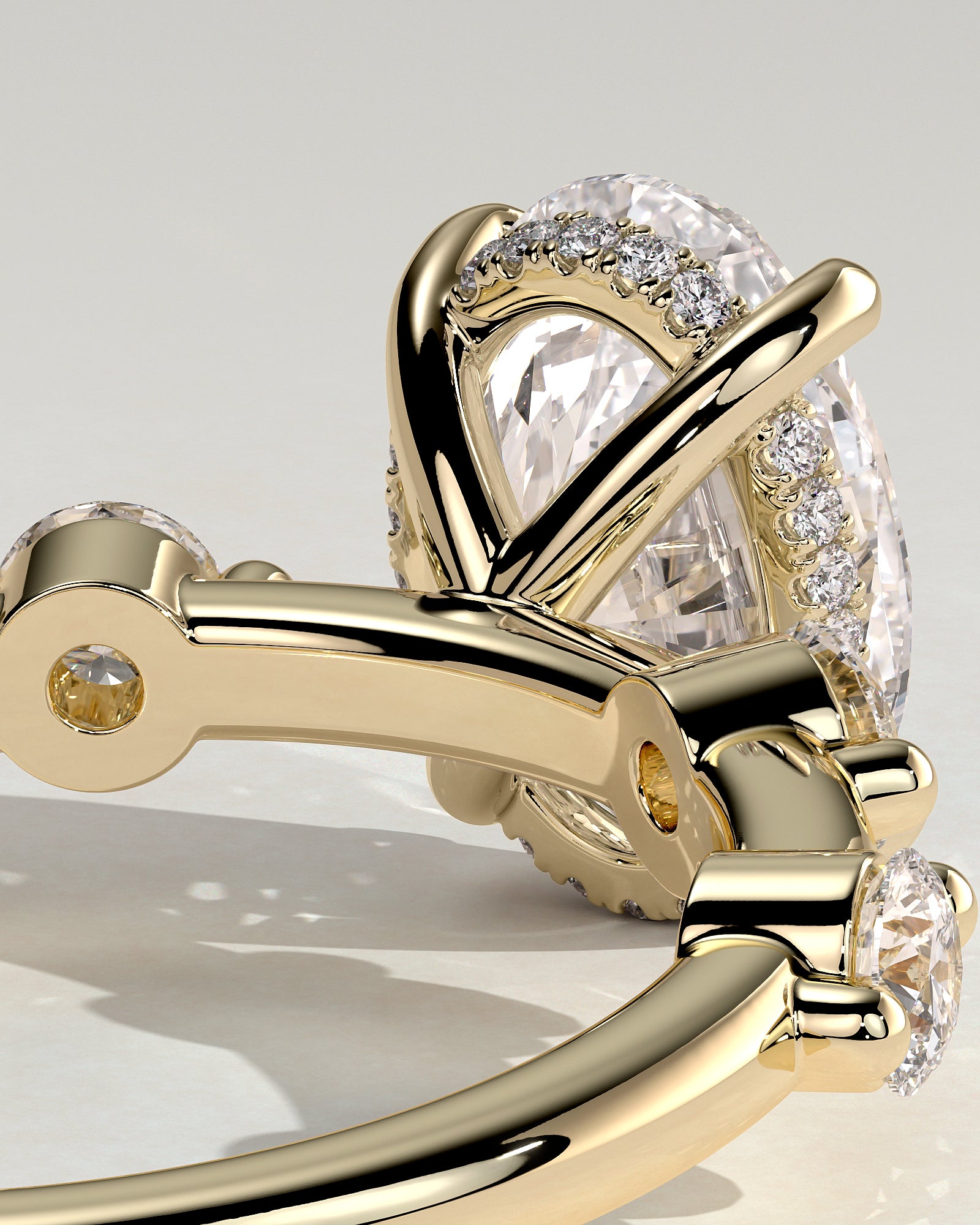 Arwen - Oval Claw Solitaire with 4 Spaced Round Accent Stones and Hidden Halo Engagement Ring - Yellow Gold - Yellow Gold 2ct
