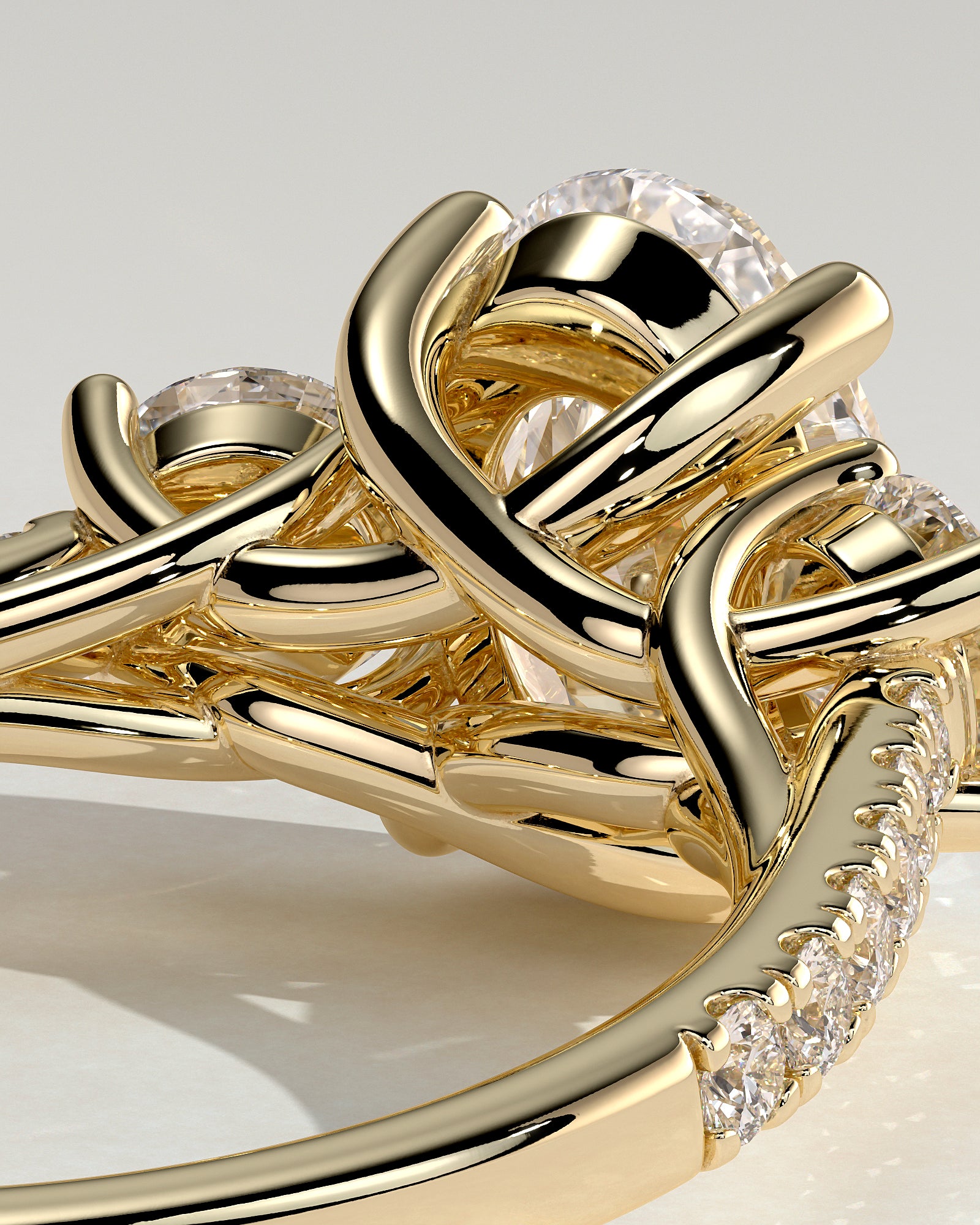 Aviana - Oval Claw Trilogy with Round Side Stones, Pave Band and Trellis Gallery  Engagement Ring - Yellow Gold - Yellow Gold 2ct