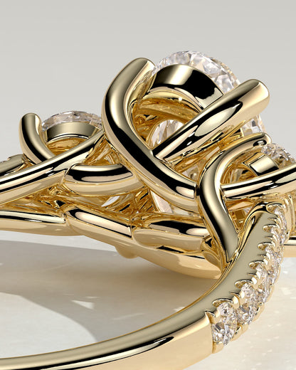 Aviana - Oval Claw Trilogy with Round Side Stones, Pave Band and Trellis Gallery  Engagement Ring - Yellow Gold