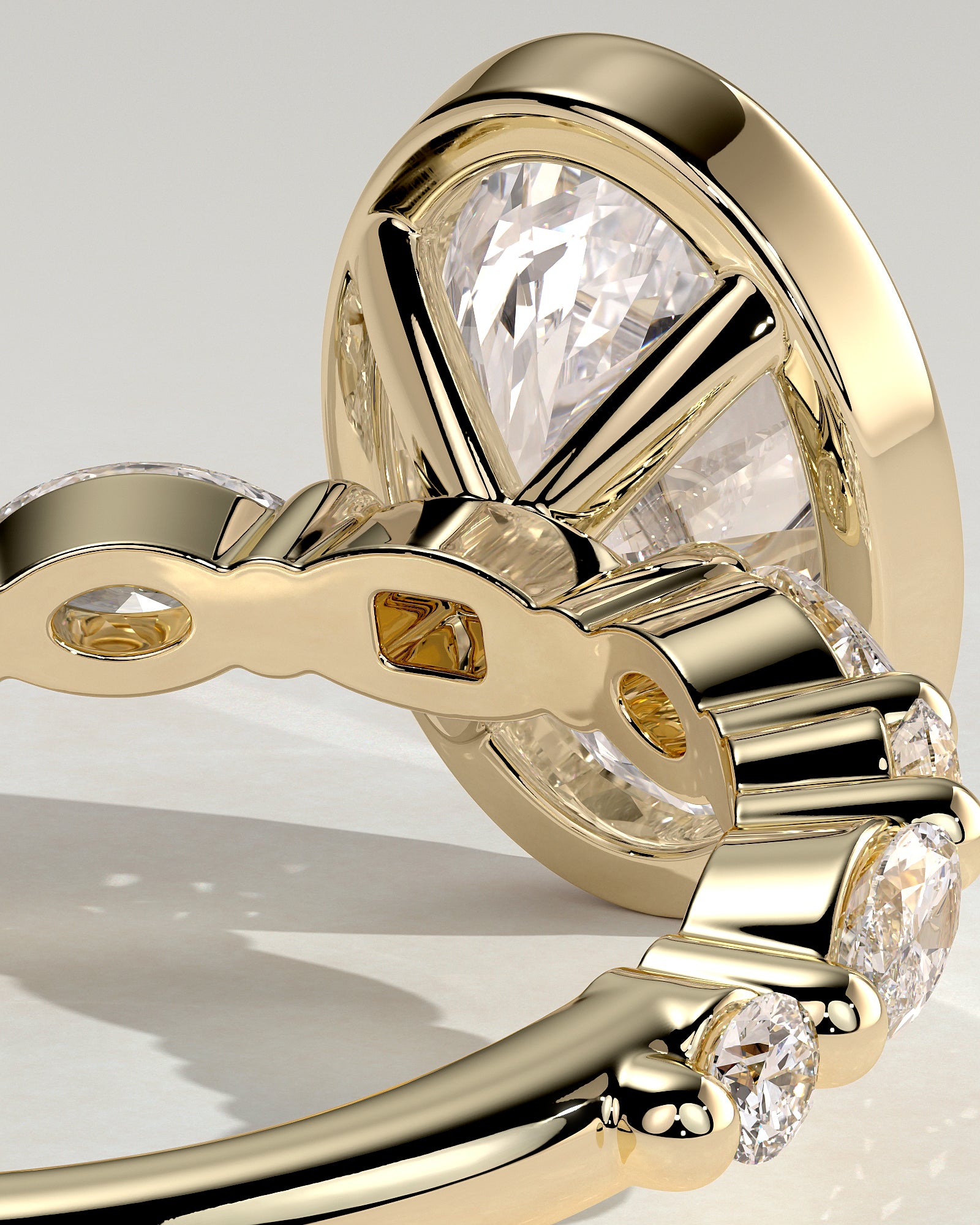 Aylin - Oval Bezel Solitaire with Marquise-Round Accent Stones Engagement Ring - Yellow Gold - Yellow Gold 2ct