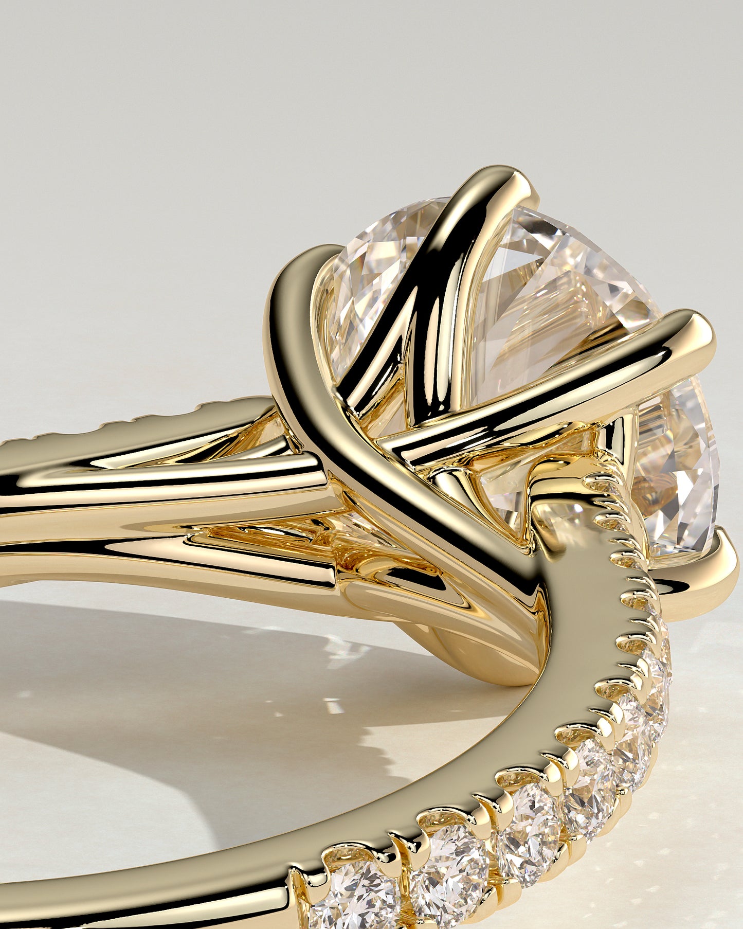 Briar - Round Claw Solitaire with Trellis Gallery, Pave Band and Cathedral Low Setting Engagement Ring - Yellow Gold - Yellow Gold 2ct
