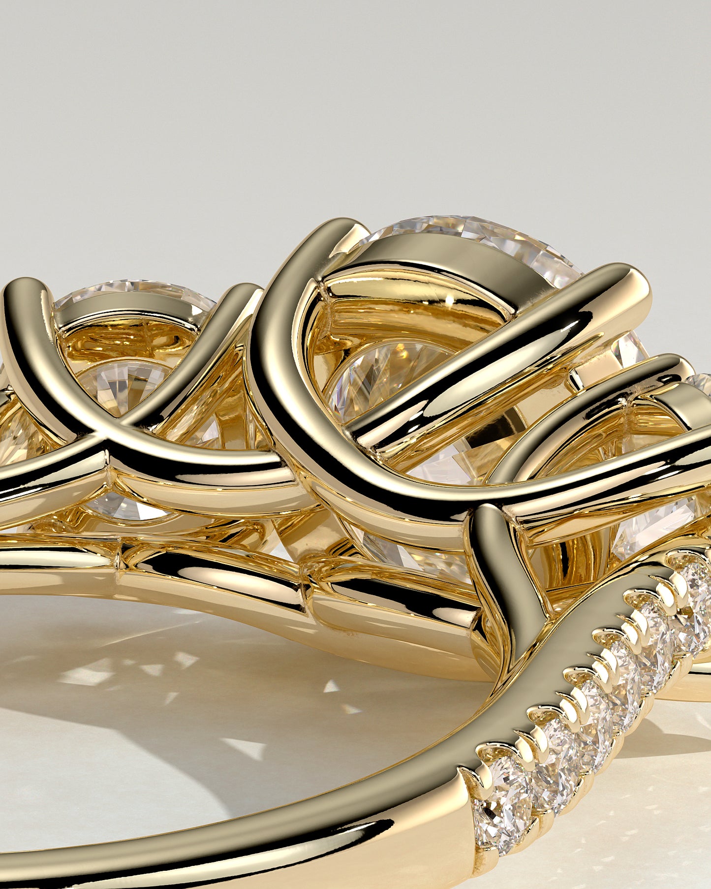 Ella - Round Claw Trilogy with Round Side Stones, Pave Band and Trellis Gallery  Engagement Ring - Yellow Gold - Yellow Gold 2ct