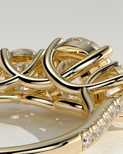 Ella - Round Claw Trilogy with Round Side Stones, Pave Band and Trellis Gallery  Engagement Ring - Yellow Gold