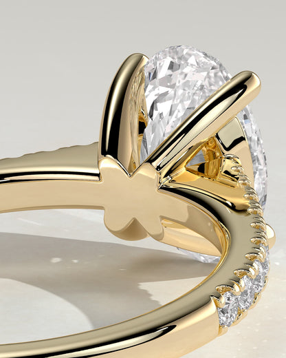 Eloise - Oval Claw Solitaire with Pave Band and Solid Cathedral Low Setting Engagement Ring - Yellow Gold
