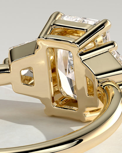 Juliette - Radiant Claw Trilogy with Trapezoid Side Stones and Low Setting Engagement Ring - Yellow Gold