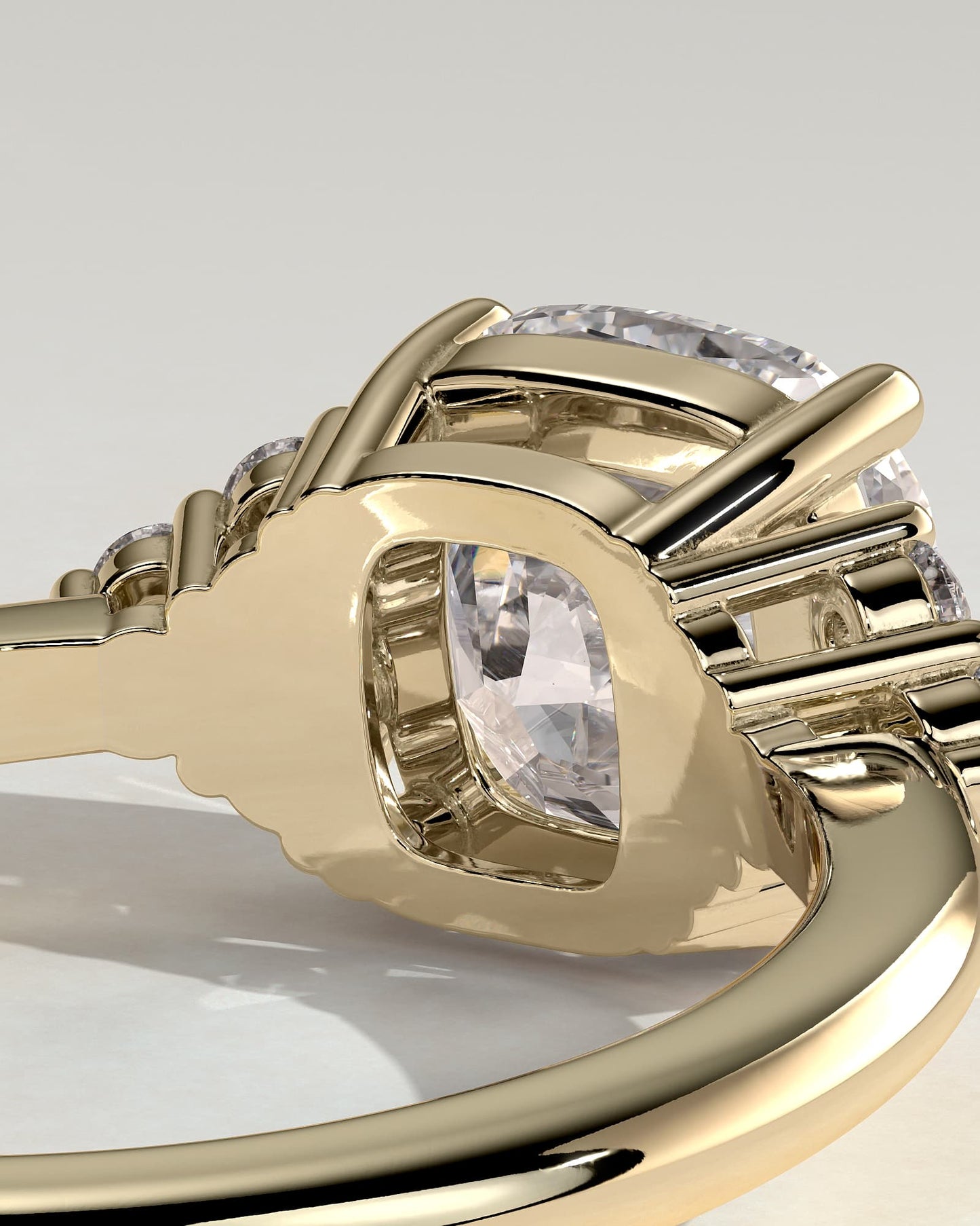 Lena - Cushion Claw Solitaire with Round Shoulder Stones Engagement Ring - Yellow Gold