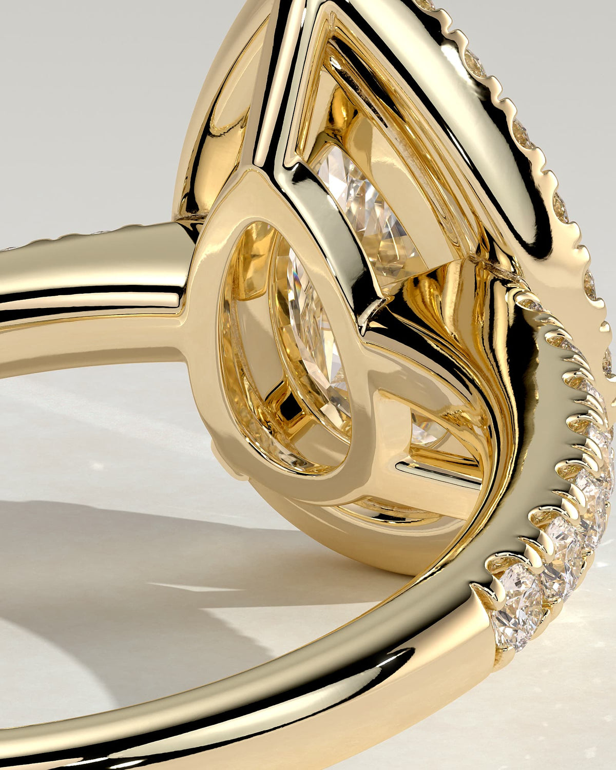 Kirsten - Pear Claw Solitaire with Pave Band and Halo and Low Setting Engagement Ring - Yellow Gold