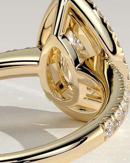 Kirsten - Pear Claw Solitaire with Pave Band and Halo and Low Setting Engagement Ring - Yellow Gold