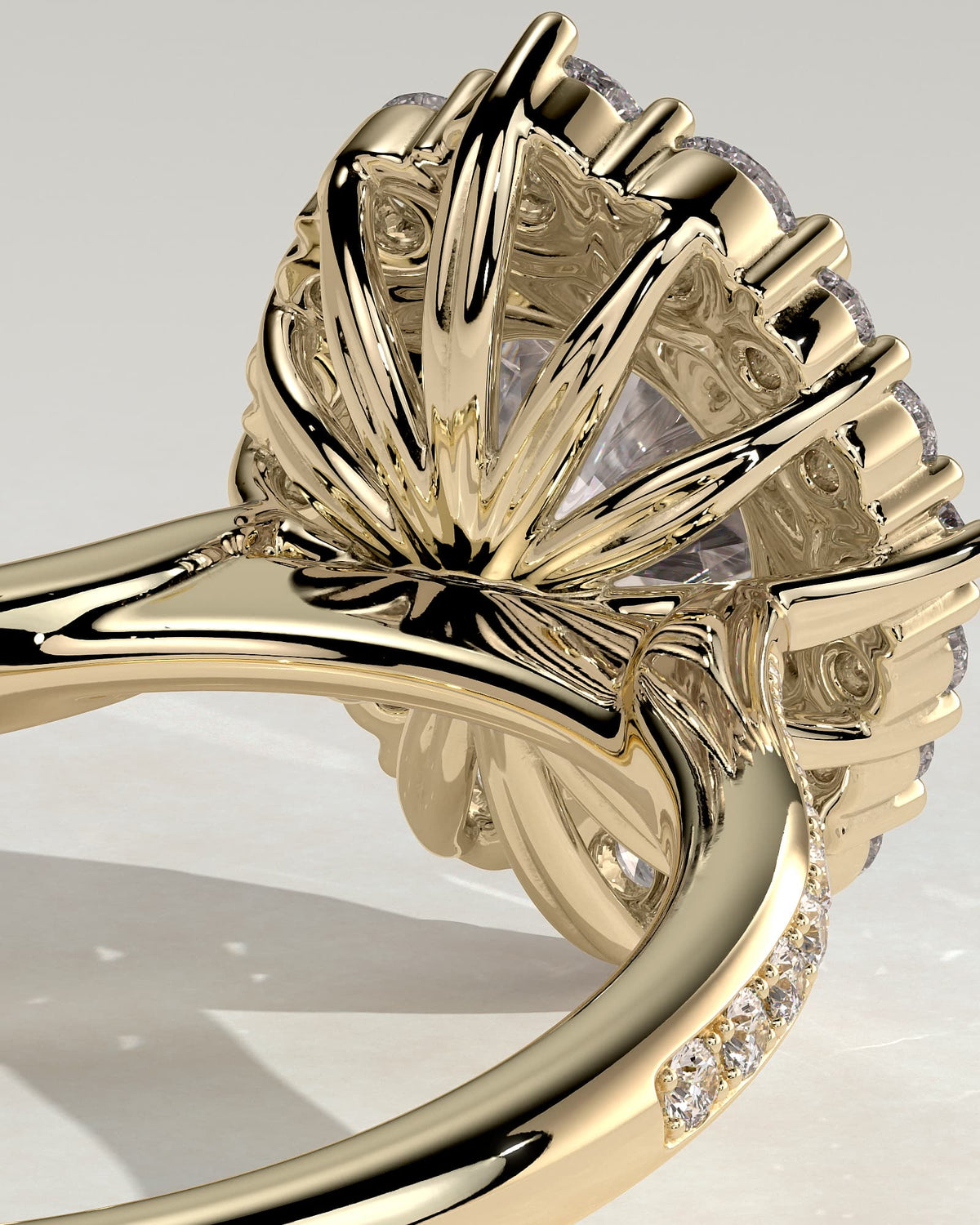 Jessica - Round Claw Solitaire with Graduating Halo and Bead Set Micropave and Tapered Band Engagement Ring - Yellow Gold