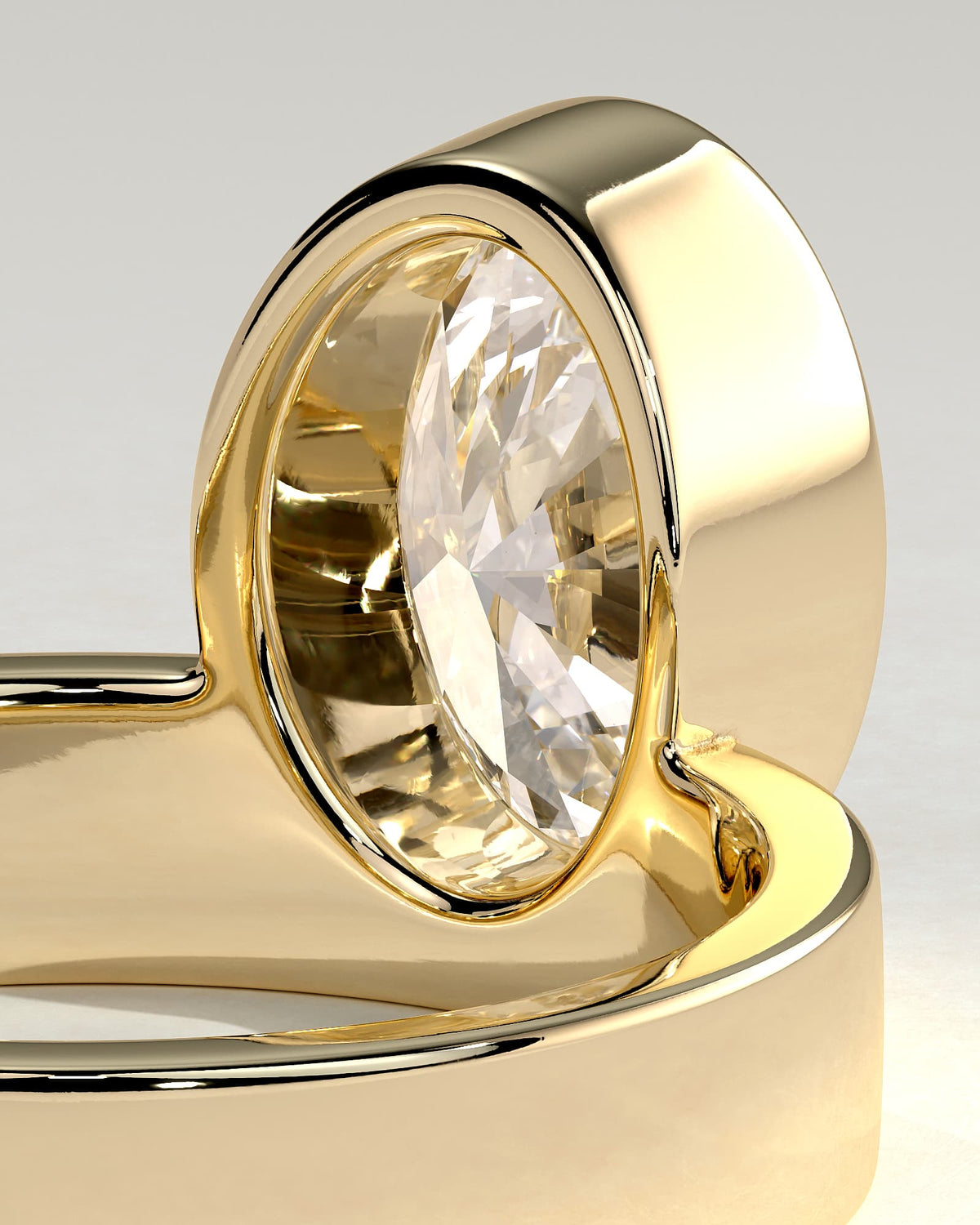 Carmen - Oval Bezel Solitaire with Offset Setting and Flat Cigar Band Engagement Ring - Yellow Gold
