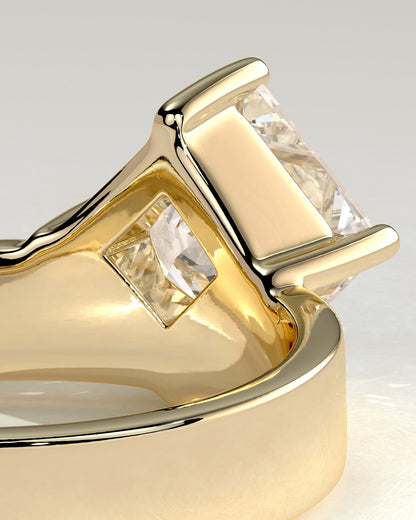 Vicki - Asscher Claw Solitaire with Offset Setting and Flat Cigar Band Engagement Ring - Yellow Gold