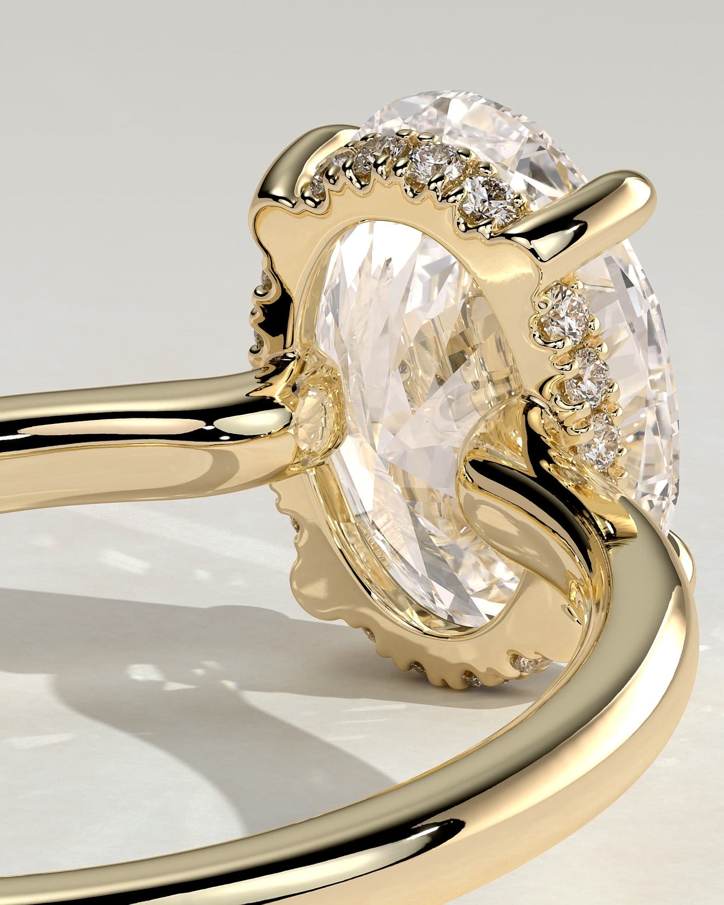 Kiana - Oval Claw Solitaire with Hidden Halo and Floating Cathedral Low Setting Engagement Ring - Yellow Gold