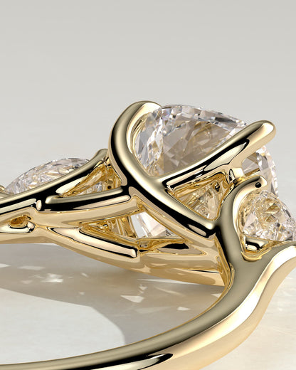 Selena - Cushion Claw Trilogy with Pear Side Stones and Open Trellis Gallery Engagement Ring - Yellow Gold