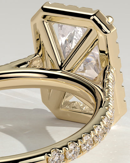 Clementine - Radiant Claw Solitaire with Halo and Pave Band and Cathedral High Setting Engagement Ring - Yellow Gold