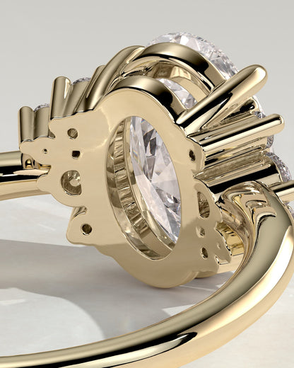 Esther - Oval Claw Solitaire with Clustered Round Opposing Shoulder Stones Engagement Ring - Yellow Gold