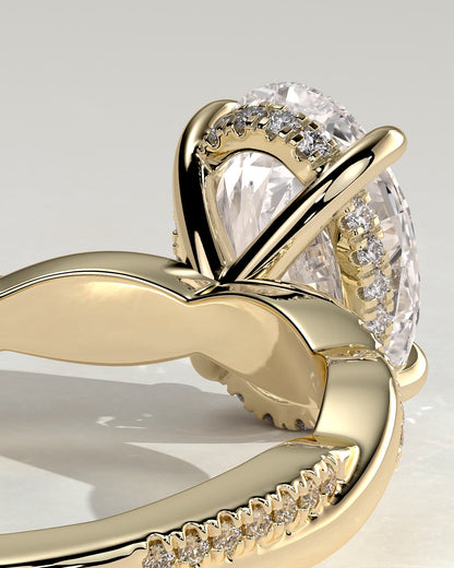 Lara - Oval Claw Solitaire with Hidden Halo and Twisted Alternating Pave Band Engagement Ring - Yellow Gold