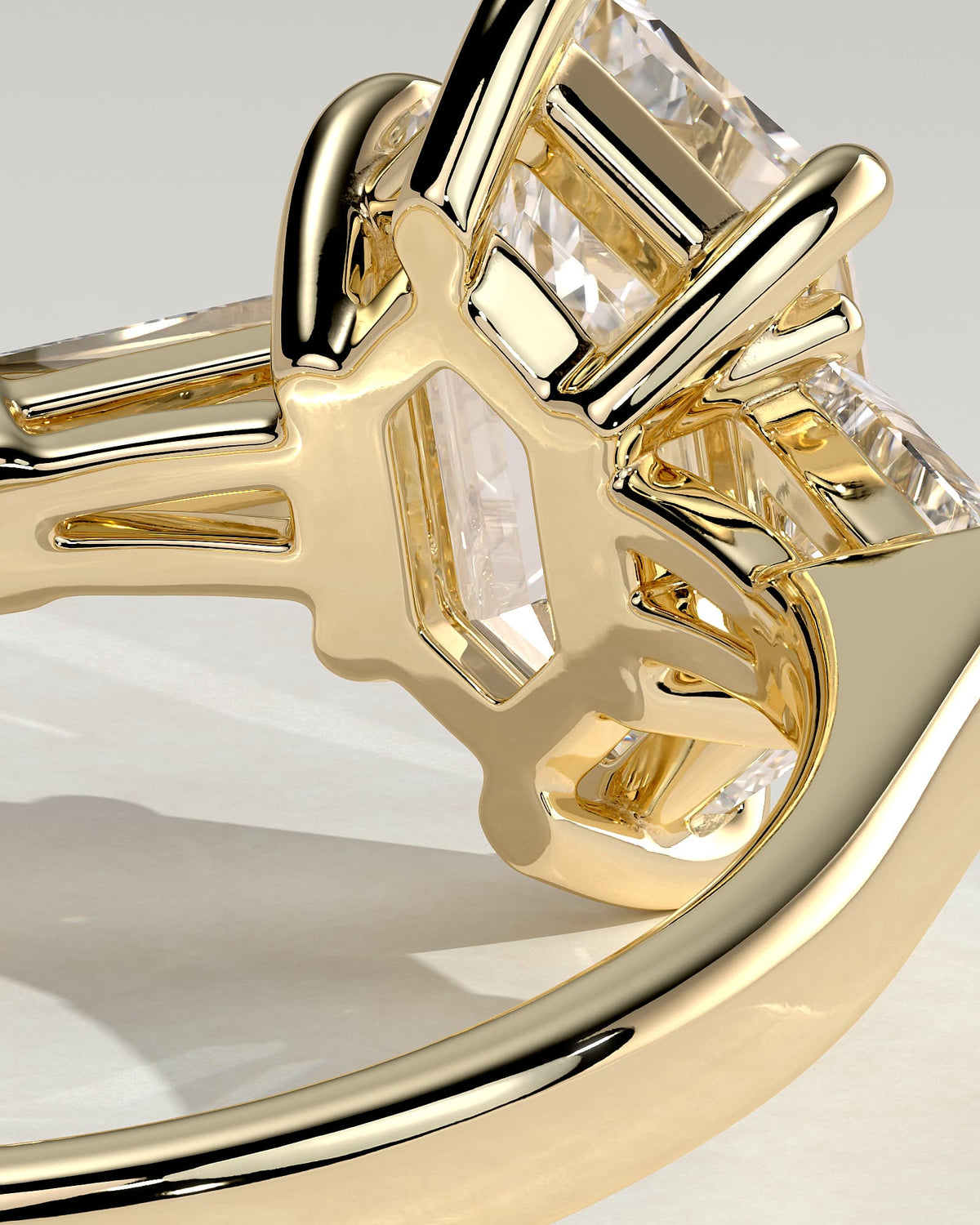 Myrtle - Elongated Hexagon Claw Trilogy with Tapered Baguette Side Stones and Cathedral Setting Engagement Ring - Yellow Gold
