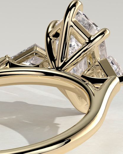 Wanda - Elongated Hexagon Claw Trilogy with Kite Side Stones Engagement Ring - Yellow Gold