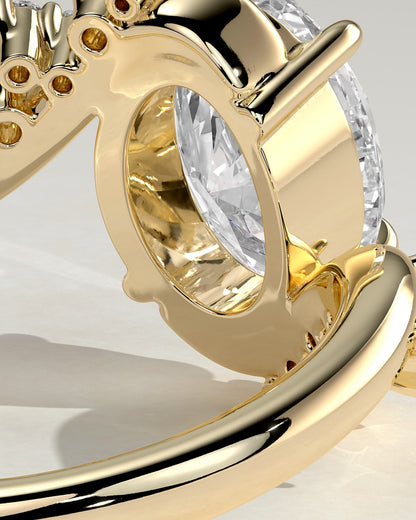 Ezmerelda - Oval Claw Solitaire with Bypass Band and Clustered Round-Marquise Accent Stones Engagement Ring - Yellow Gold
