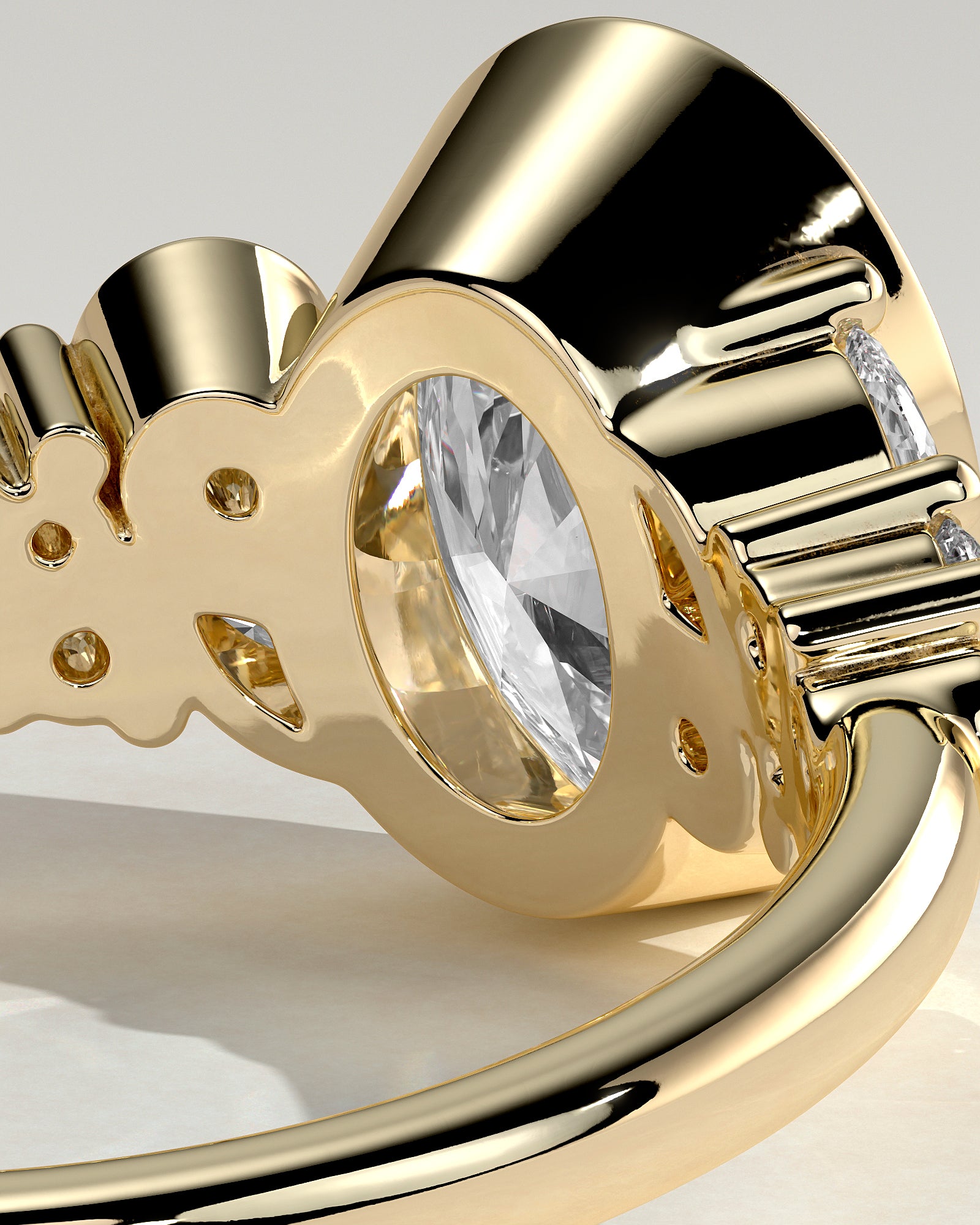 Isabella - Oval Bezel Solitaire with Clustered Round-Marquise Mixed Set Shoulder Stones Engagement Ring - Yellow Gold - Yellow Gold 2ct
