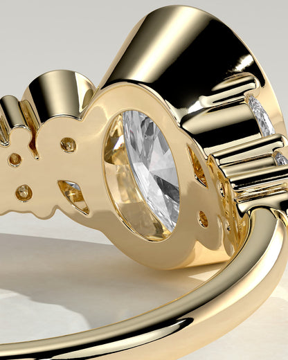 Isabella - Oval Bezel Solitaire with Clustered Round-Marquise Mixed Set Shoulder Stones Engagement Ring - Yellow Gold