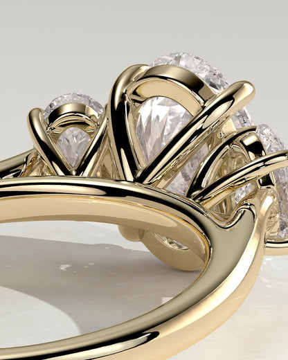 Isla - Oval Claw Trilogy with Oval Side Stones Engagement Ring - Yellow Gold