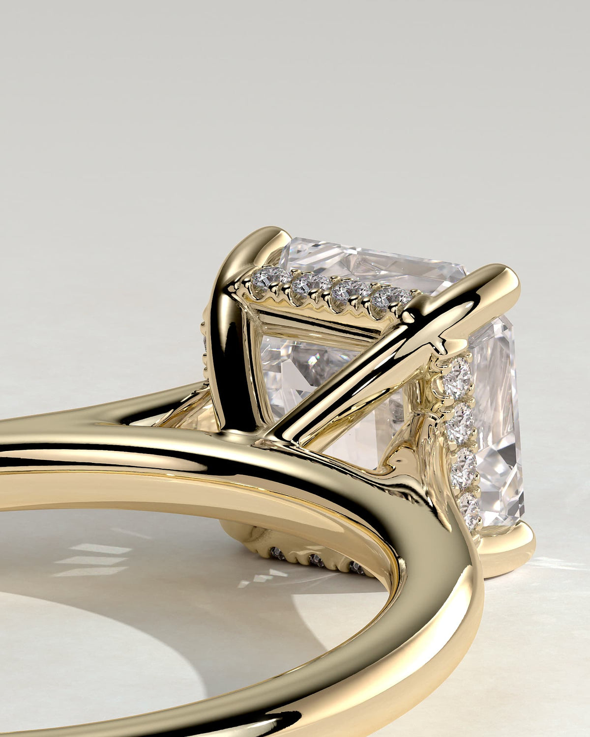 Nia - Asscher Claw Solitaire with Hidden Halo and Cathedral High Setting Engagement Ring - Yellow Gold