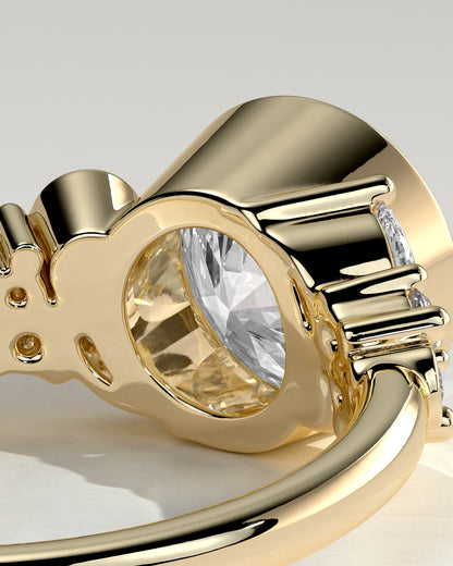 Alessia - Round Bezel Solitaire with Clustered Round-Marquise Mixed Set Shoulder Stones Engagement Ring - Yellow Gold