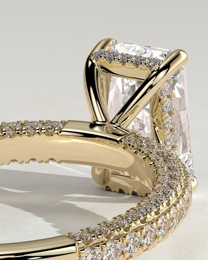 Irene - Radiant Claw Solitaire with Hidden Halo and Triple Pave Band Engagement Ring - Yellow Gold