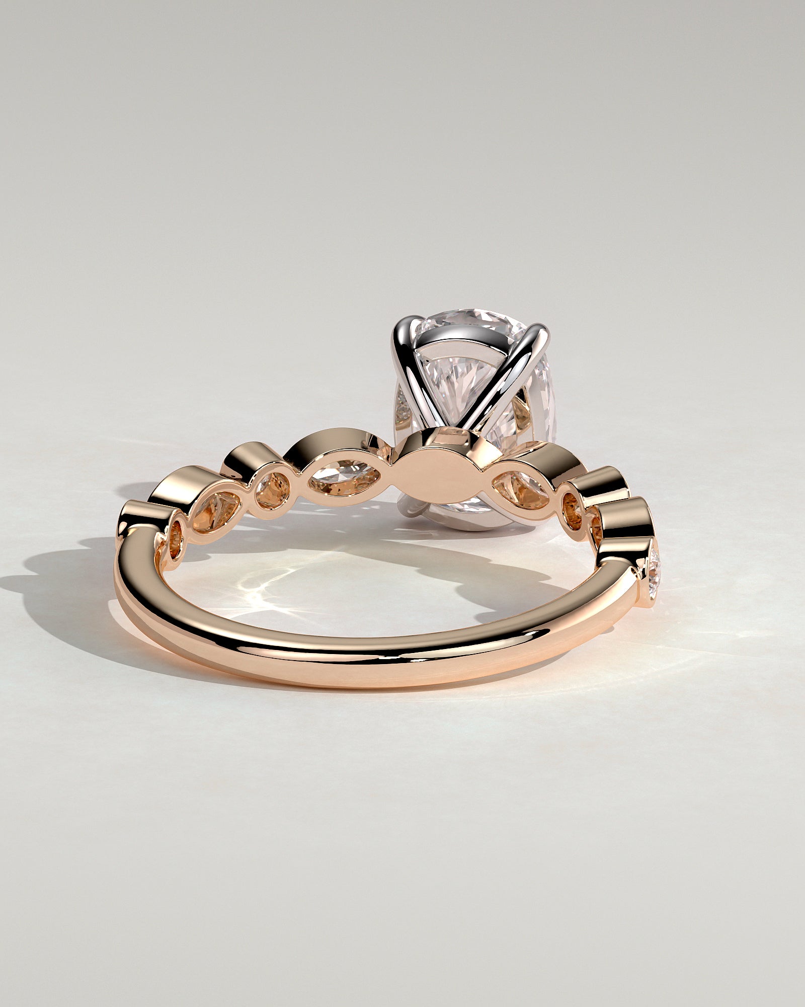 Carrie - Elongated Cushion Claw Solitaire with Round-Marquise Bezel Accent Stones Engagement Ring - Rose Two-Tone - Rose Two-Tone 2ct