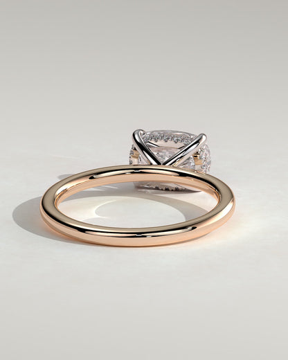 Frida - Elongated Cushion East West Claw Solitaire with Hidden Halo Engagement Ring - Rose Two-Tone