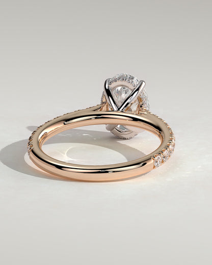 Julia - Oval Claw Solitaire with Hidden Halo, Pave Band and Cathedral High Setting Engagement Ring - Rose Two-Tone