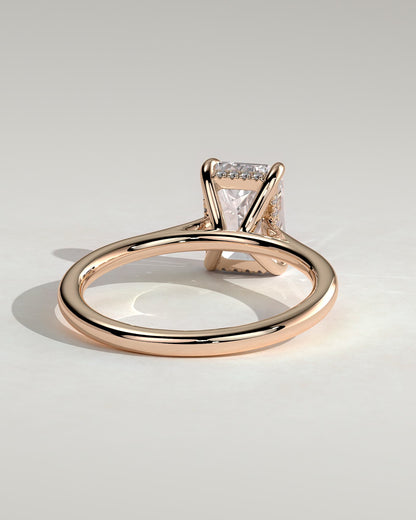 Angela - Radiant Claw Solitaire with Hidden Halo, Tapered Band and Cathedral High Setting Engagement Ring - Rose Gold