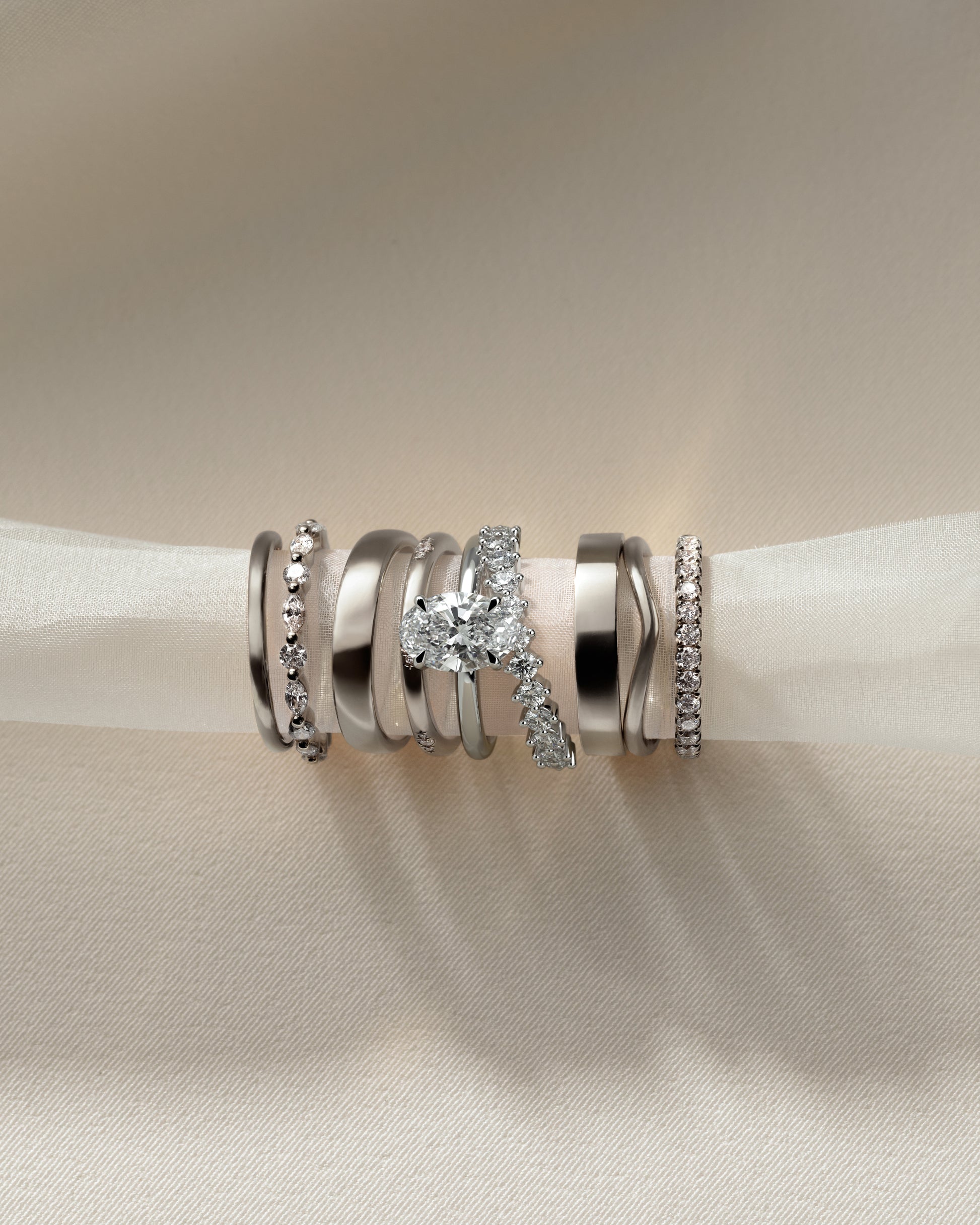 Athena - Oval Claw Solitaire with Double Plain-and-Round-Accent Stones Band Engagement Ring - Platinum - White Gold / Platinum 2ct