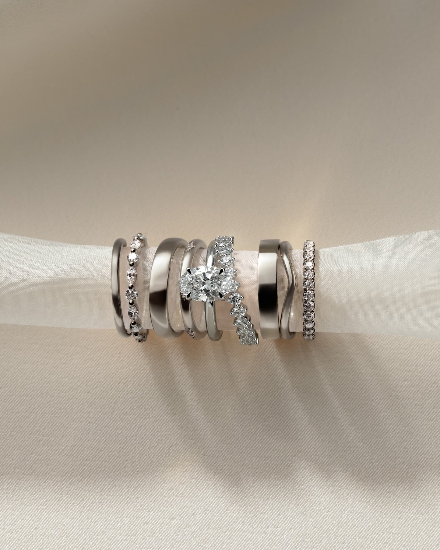 Athena - Oval Claw Solitaire with Double Plain-and-Round-Accent Stones Band Engagement Ring - White Gold