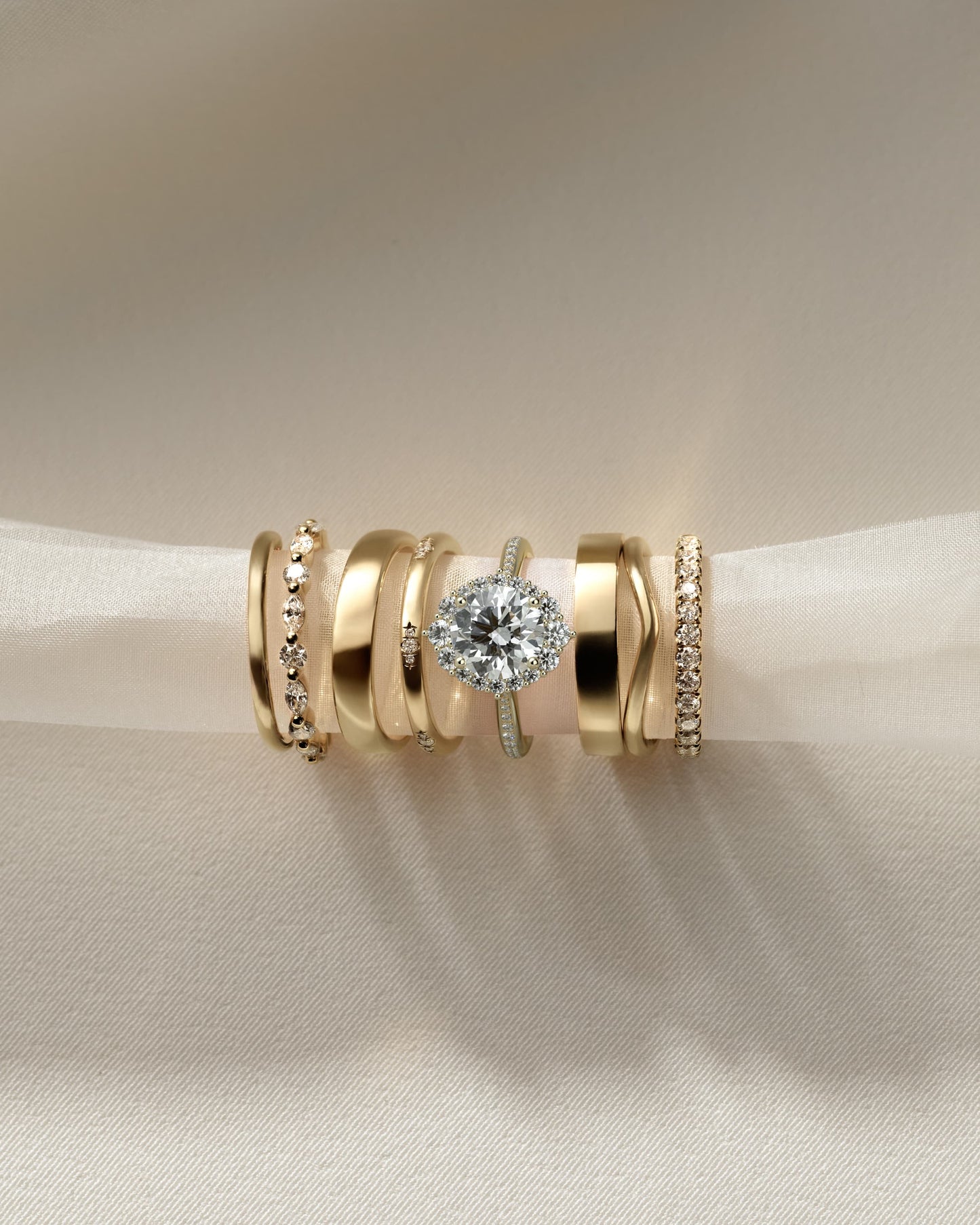 Jessica - Round Claw Solitaire with Graduating Halo and Bead Set Micropave and Tapered Band Engagement Ring - Yellow Gold