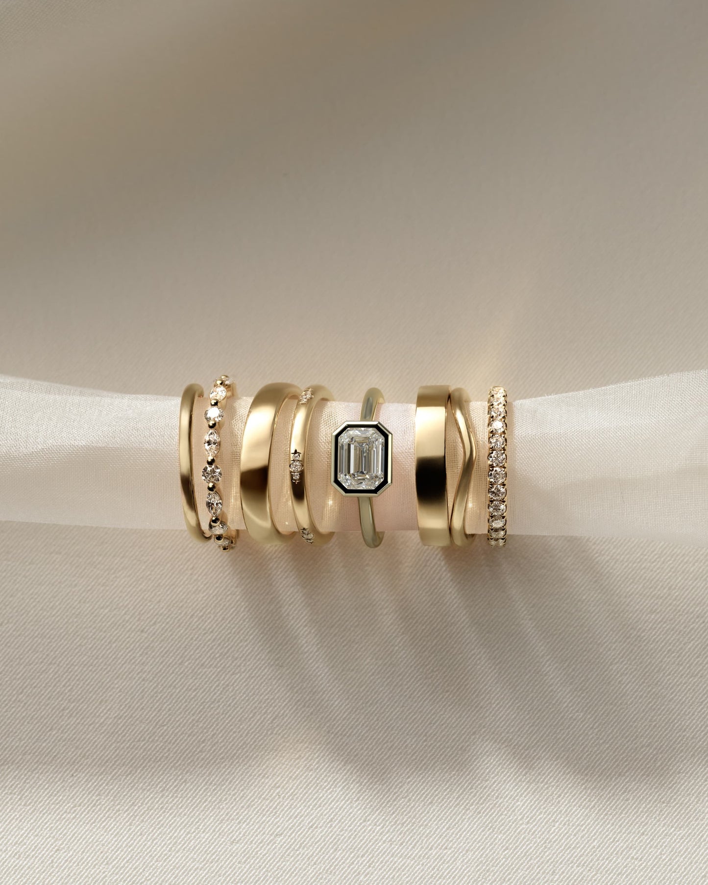 Olive - Statement Emerald East West Bezel Solitaire with Open Cathedral High Setting Engagement Ring - Yellow Gold